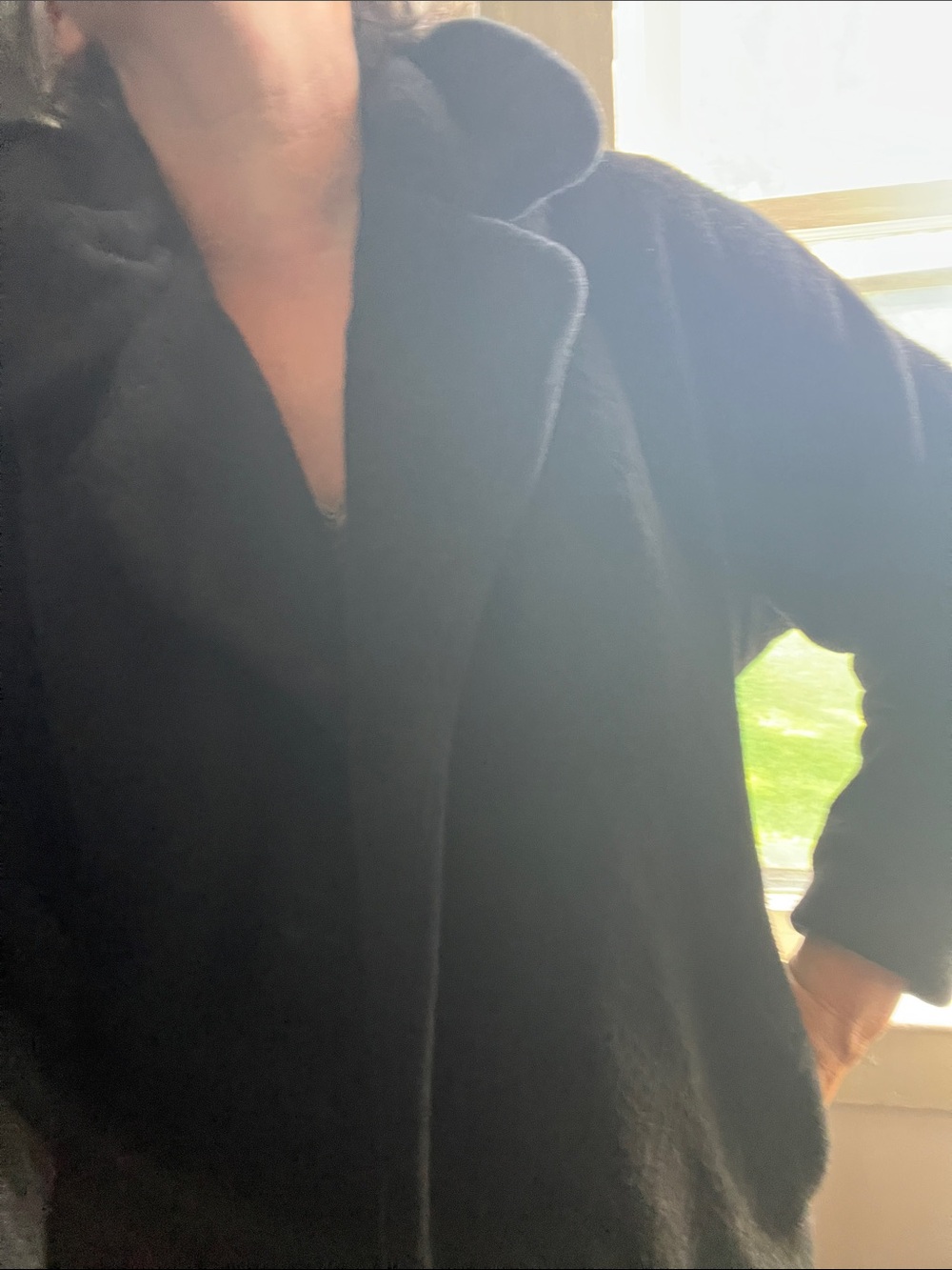 Vintage Black Wool Blend Calf Length Coat with Rounded Collar VTG